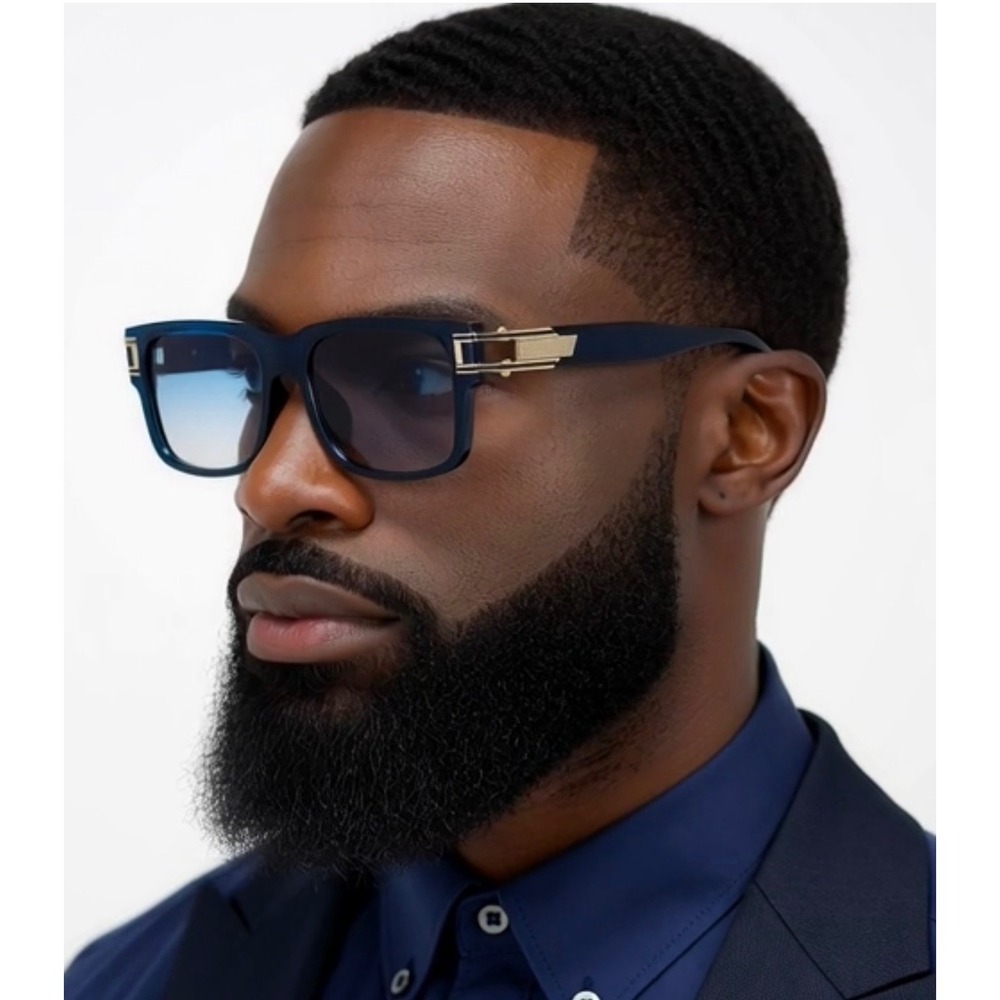 Mens‎ Navy Blue Square Sunglasses Blue Gradient Lens Gold Hardware Hip Hop Cholo